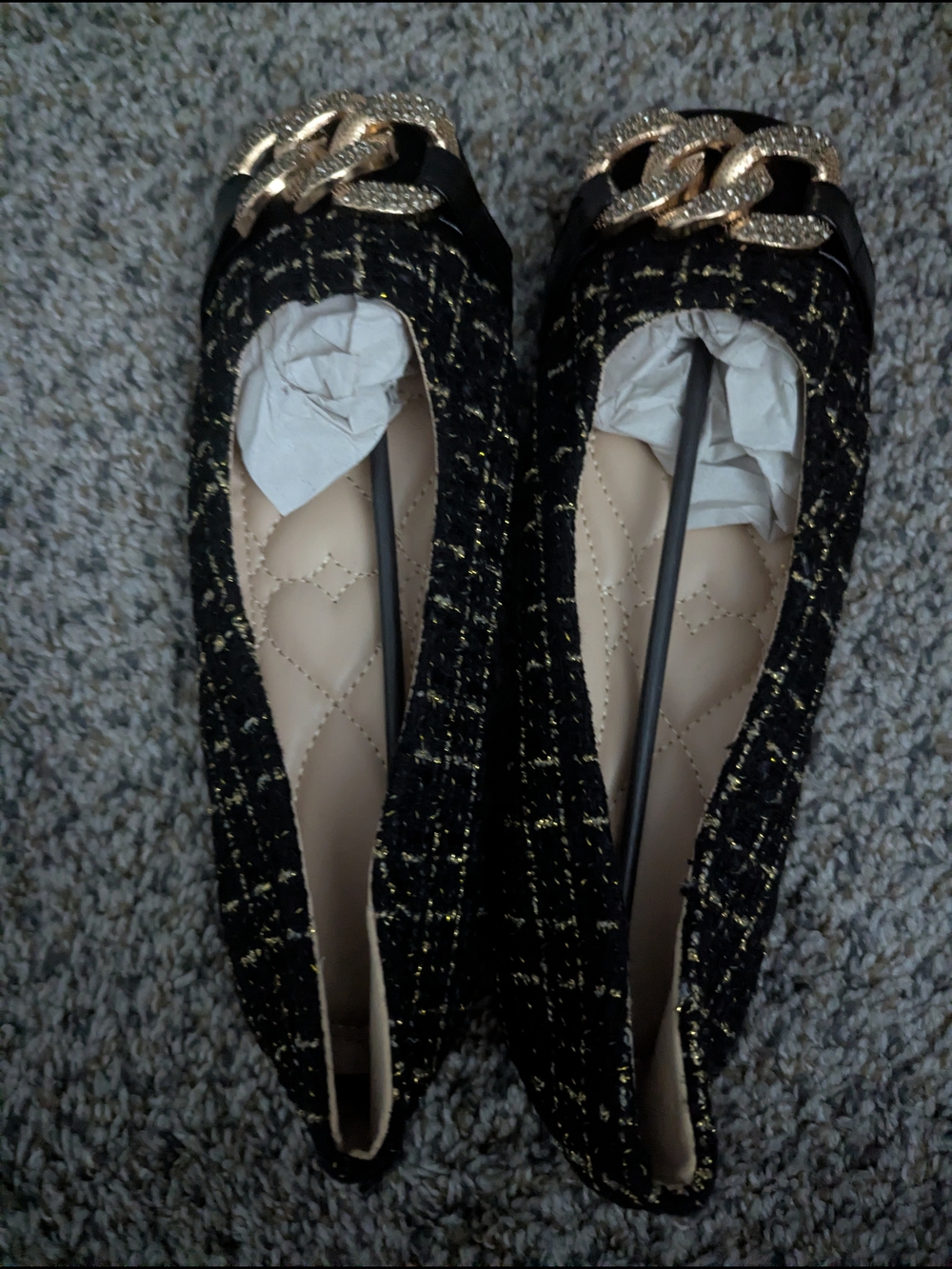 Black Tweed Ballet Flats with Gold Chain Accent